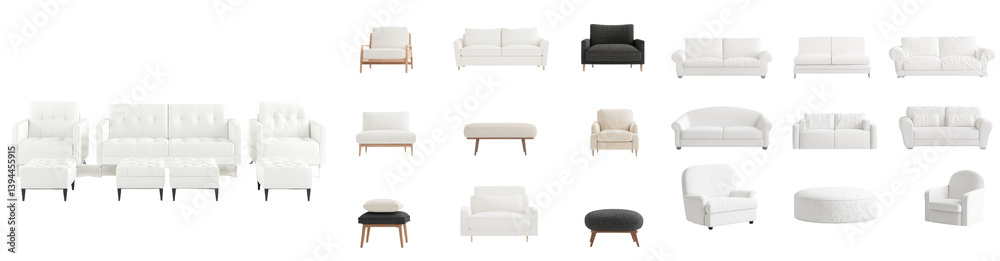 Fototapeta premium Minimalist furniture mockups featuring various white sofas and armchairs arranged in a clean, modern layout on a neutral background