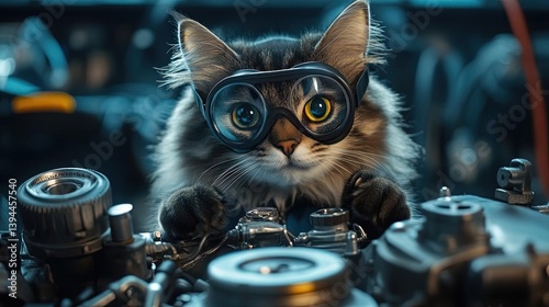 Cat wearing goggles in a mechanical setting.