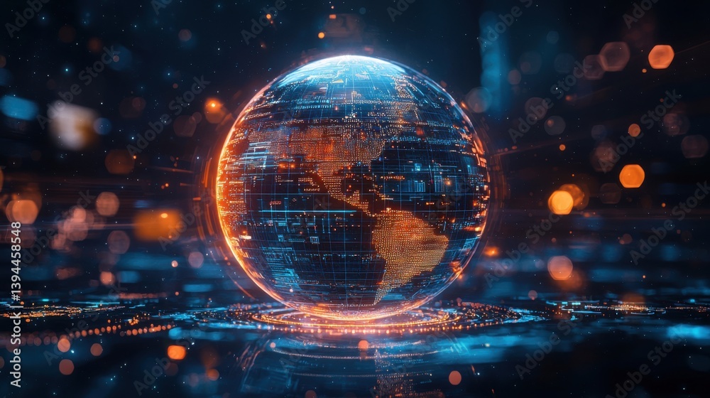 Obraz premium A glowing digital globe surrounded by vibrant lights, representing technology, connectivity, and global communication in a futuristic setting.