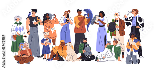 Group of people with their cute pets. Owners holds snakes, parrots, ferrets, sit on floor with dogs, cats, raccoons. Characters care, love domestic animals. Flat isolated vector illustration on white