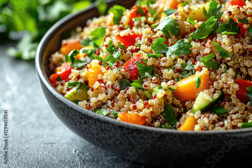 A bowl of quinoa salad filled with colorful vegetables and fresh parsley looks healthy and delicious on a dark textured surface. photo