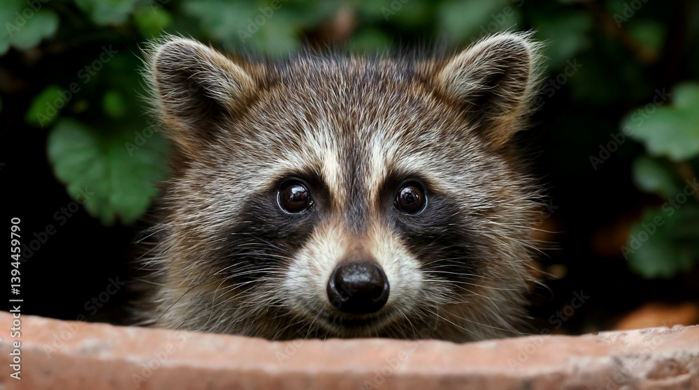 Curious raccoon (Procyon lotor) peeking over edge with wide eyes in green leafy background Curious raccoon (Procyon lotor) peeking over edge with wide eyes in green leafy background