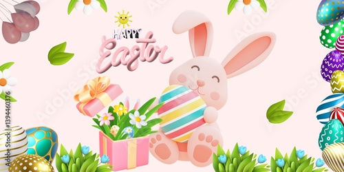 Cute Premium 3D Happy Easter Greeting Card Illustration Vector. Funny Happy Easter Postcard Banner for Social Media. Holyday, Religion, Tradition, Easter Symbol, Rabbit, Gift Box, Pink, Family Holiday