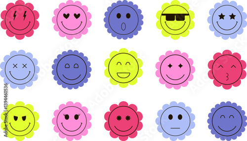 Colorful y2k groovy smiley faces with stars, hearts, lightning, glasses on the flowers
