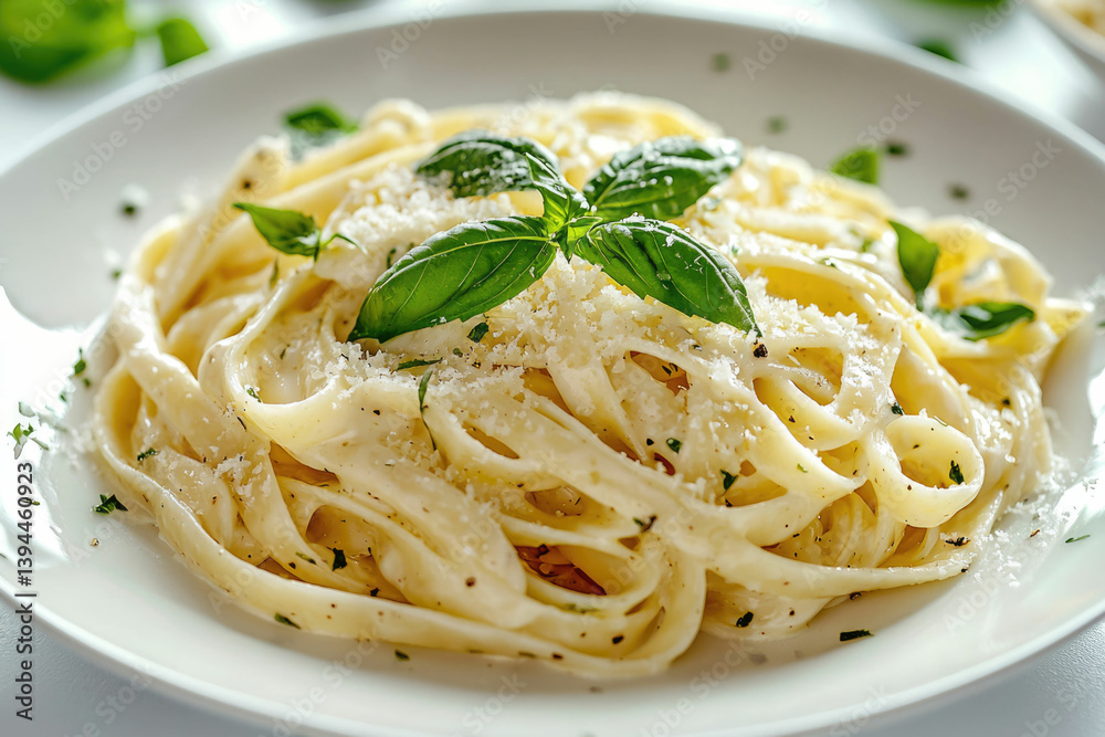A close-up shot of creamy fettuccine Alfredo topped with fresh basil and grated Parmesan cheese, served on a white plate. A close-up shot of creamy fettuccine Alfredo topped with fresh basil and grated Parmesan cheese, served on a white plate.