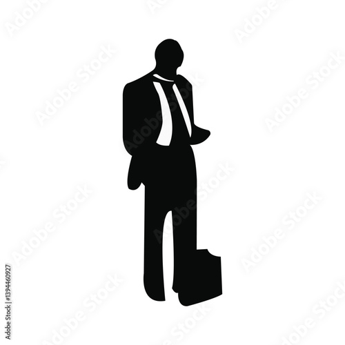 Silhouette of Businessman Looking at Phone with Briefcase, Isolated on White Background