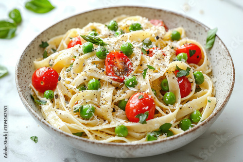 A delicious bowl of fettuccine pasta tossed with cherry tomatoes, green peas, basil, and sprinkled with parmesan cheese.