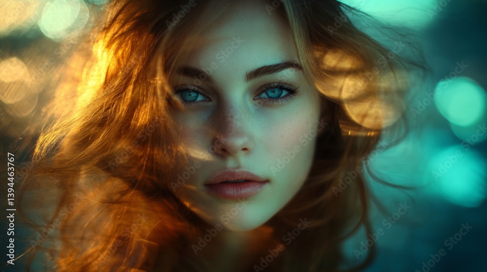 Fototapeta premium Closeup Portrait of a Young Woman with Blue Eyes and Red Hair