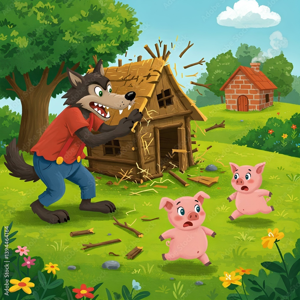 Fototapeta premium Big Bad Wolf Destroying Pig House Three Little Pigs Fairytale Illustration