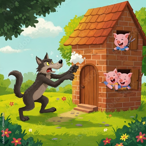 Big Bad Wolf and Three Little Pigs Storybook Illustration Featuring a Brick House and Happy Pigs