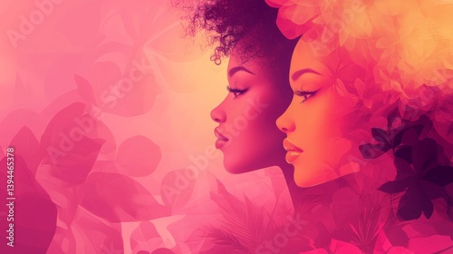 Two Women Profile Portraits in Pink Floral Background