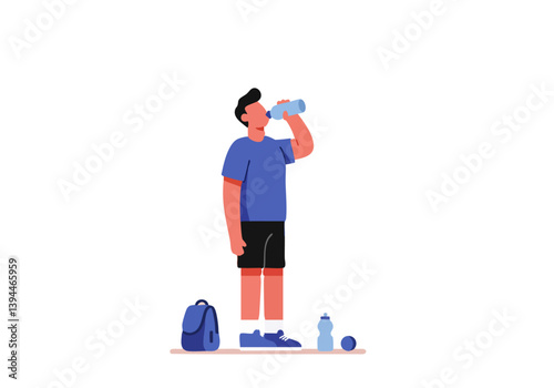 A young man drinks water after exercise. He's wearing athletic wear and has short brown hair. Simple, clean illustration, perfect for health & fitness concepts.