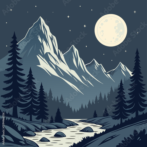 Winter Landscape With Mountains Nighttime in the Mountains Under a Glowing Moon – Serene Moonlit Landscape Vector Art