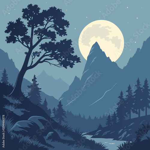Winter Landscape With Mountains Nighttime in the Mountains Under a Glowing Moon – Serene Moonlit Landscape Vector Art