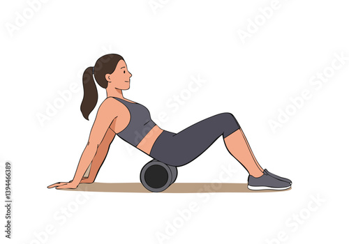 Woman performing a foam roller exercise while seated. Focus on fitness, recovery, and wellness. Clean, modern style. Suitable for health & fitness content.