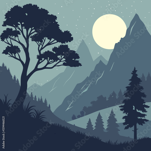 Winter Landscape With Mountains Nighttime in the Mountains Under a Glowing Moon – Serene Moonlit Landscape Vector Art