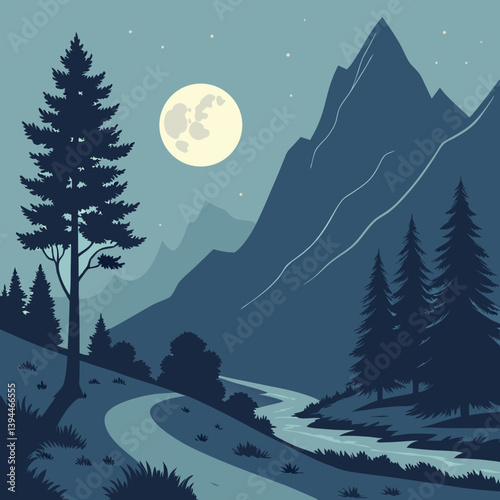 Winter Landscape With Mountains Nighttime in the Mountains Under a Glowing Moon – Serene Moonlit Landscape Vector Art