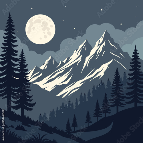 Winter Landscape With Mountains Nighttime in the Mountains Under a Glowing Moon – Serene Moonlit Landscape Vector Art
