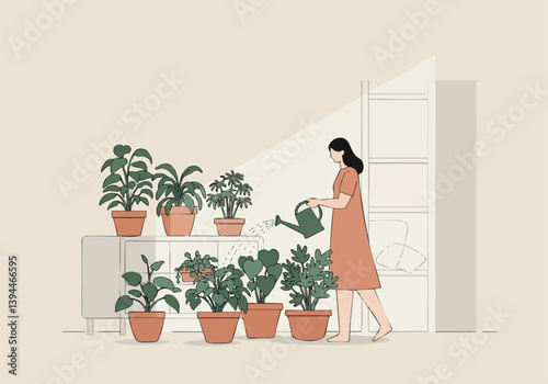 A woman waters potted plants arranged on shelves. Soft lighting and a minimalist aesthetic create a calming, indoor garden scene. Ideal for lifestyle and wellness concepts.