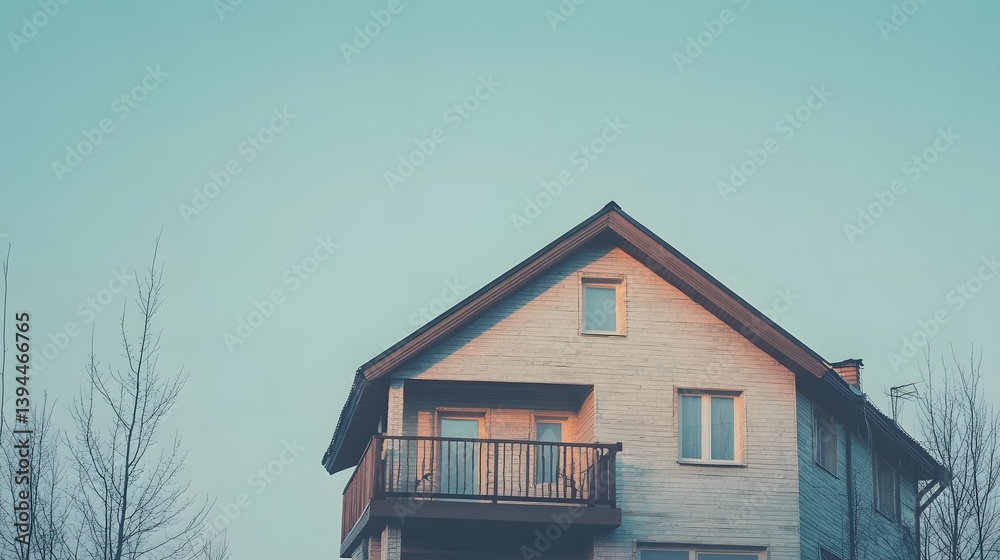 Elegant Brick House Exterior with Balcony at Sunset