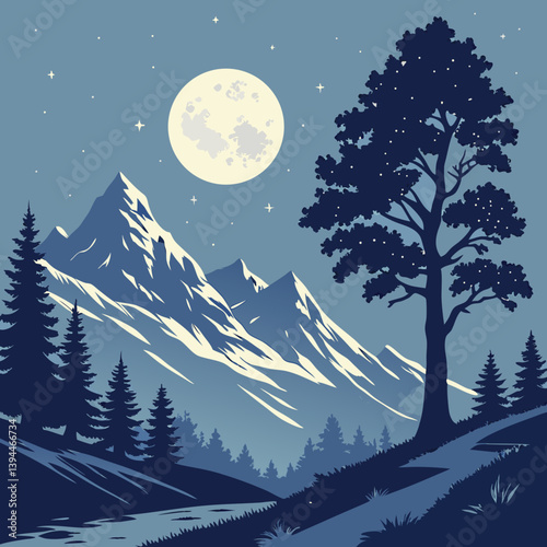 Winter Landscape With Mountains Nighttime in the Mountains Under a Glowing Moon – Serene Moonlit Landscape Vector Art