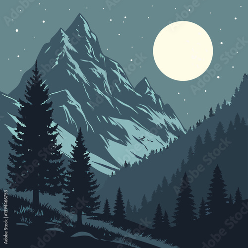 Winter Landscape With Mountains Nighttime in the Mountains Under a Glowing Moon – Serene Moonlit Landscape Vector Art