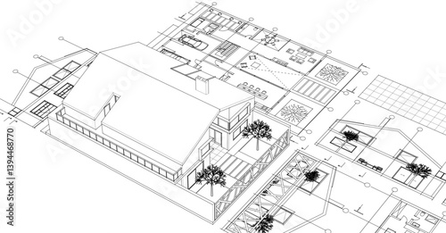 house architectural project sketch 3d illustration	
