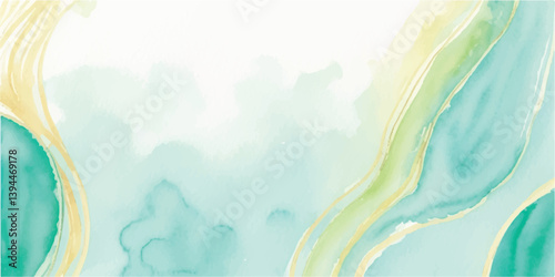 Abstract Banner Background with Watercolor Texture in Aquamarine Pastel Tones, Featuring Gold Line Details and Soft Marbled Fluidity for a Chic and Artistic Look