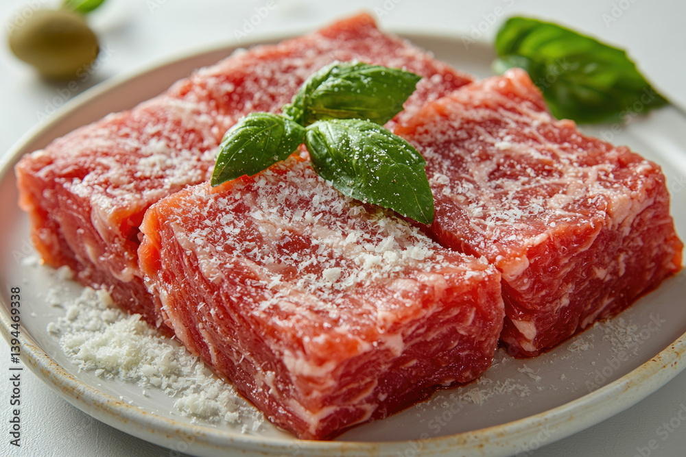 Close-up of fresh raw beef cubes sprinkled with parmesan cheese and garnished with green basil leaves, served on a plate. Close-up of fresh raw beef cubes sprinkled with parmesan cheese and garnished with green basil leaves, served on a plate.