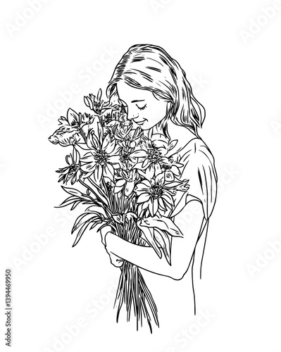 Young woman with long hair gently holds a large bouquet of daisy-like flowers, eyes closed in appreciation. The monochrome line-style illustration highlights her serene expression