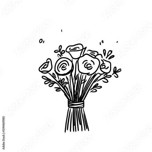 Hand-drawn bouquet of roses with leaves wrapped in twine, featuring simple black outlines and a minimalistic design. Small decorative elements accent the sketch