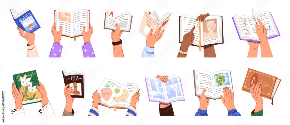 Fototapeta premium Human hands with open paper books set. People hold textbooks for learning, stories, novels for reading. Fiction and nonfiction literature. Flat isolated vector illustrations on white background