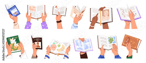 Human hands with open paper books set. People hold textbooks for learning, stories, novels for reading. Fiction and nonfiction literature. Flat isolated vector illustrations on white background