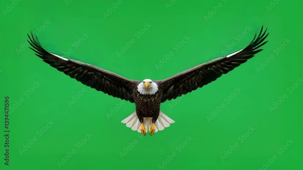 A bald eagle spreads its wings in full flight. The scene is isolated on a green screen for chroma key use
