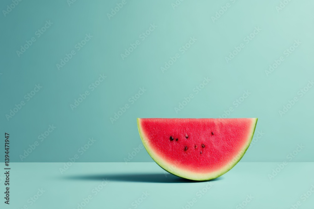 Fresh watermelon slice on blue background, close-up of juicy red fruit with seeds and green rind, minimal summer food concept with vibrant color contrast Fresh watermelon slice on blue background, close-up of juicy red fruit with seeds and green rind, minimal summer food concept with vibrant color contrast