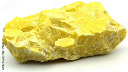 Bright yellow sulfur mineral specimen isolated on white background.