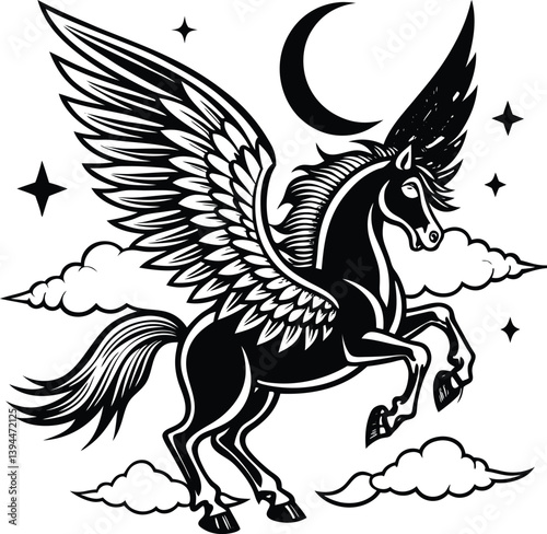 Flying upwards towards a glowing crescent unicorn