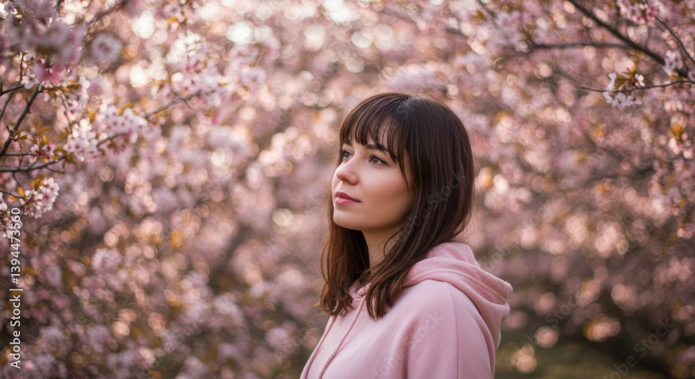 Woman in Pink Hoodie Amidst Cherry Blossoms - A young woman with brown hair, wearing a pink hoodie, stands thoughtfully amidst a stunning backdrop of blooming cherry trees Woman in Pink Hoodie Amidst Cherry Blossoms - A young woman with brown hair, wearing a pink hoodie, stands thoughtfully amidst a stunning backdrop of blooming cherry trees