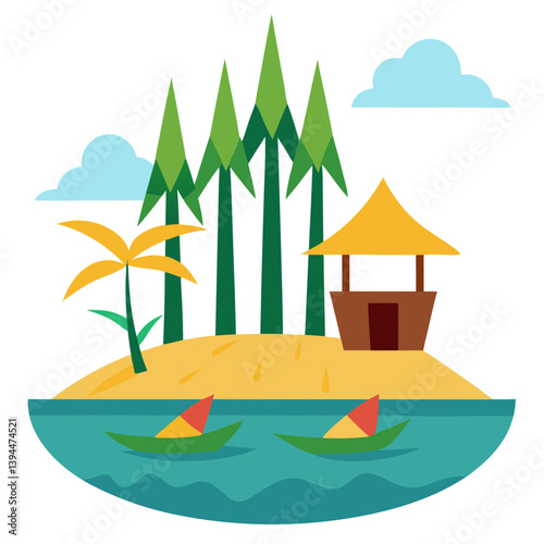 Island with bamboo huts and canoes
