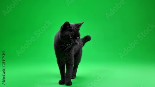 Curious black cat walking around on green screen background for chroma key use