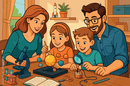 Parents guide children through science project at home table