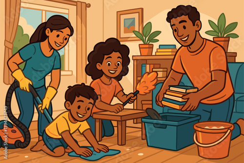 Family cleaning and organizing home together on weekend