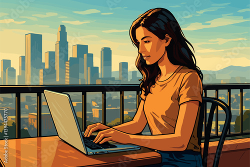Young woman working on balcony with morning city view