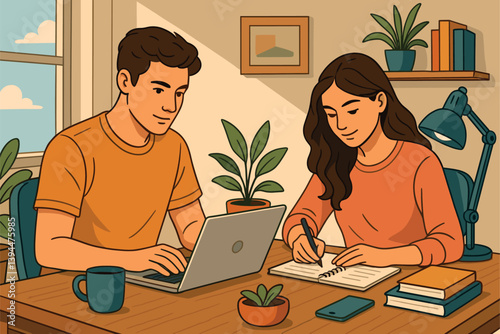 Young couple working together at shared desk at home