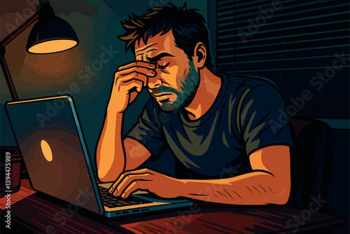 Tired freelancer at night rubbing eyes by laptop light