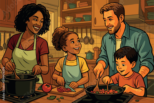 Multiracial family cooking dinner together in warm home kitchen