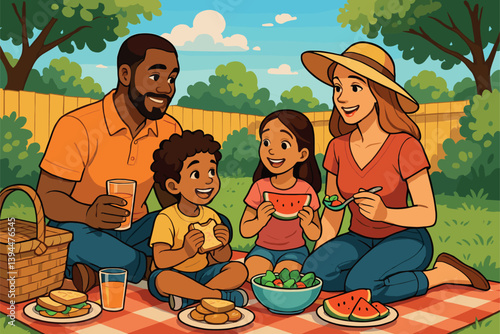 Blended family enjoying a backyard picnic on warm sunny day