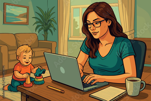 Mom working from home with toddler playing close by