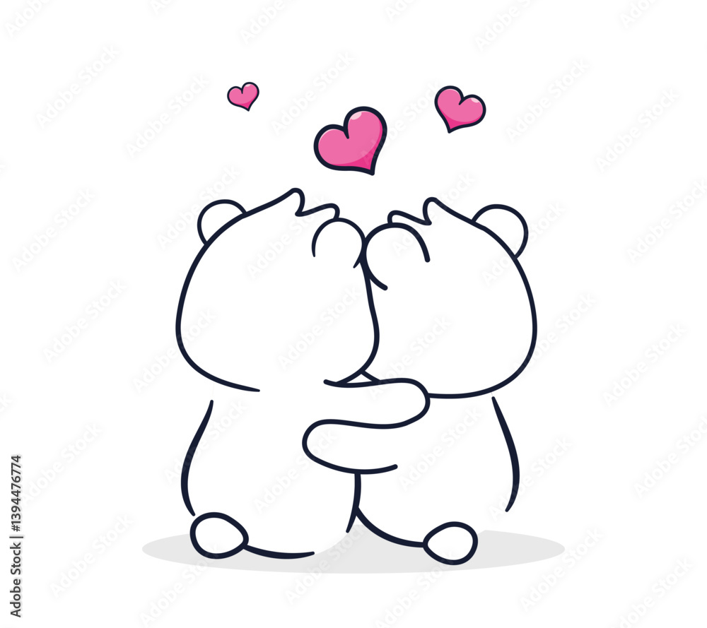 Lovers bears hugging each other. Editable vector illustration with hearts. Suitable for printing on t-shirts, mugs, gifts, Valentine's day. Lovers bears hugging each other. Editable vector illustration with hearts. Suitable for printing on t-shirts, mugs, gifts, Valentine's day.