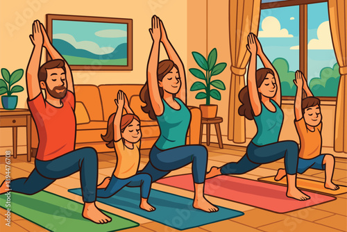 Family practicing yoga poses together in cozy home living room